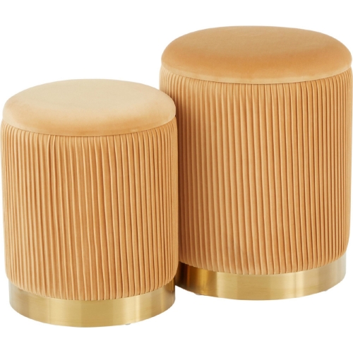 Marla Nesting Pleated Ottoman Set in Orange Velvet & Gold Metal